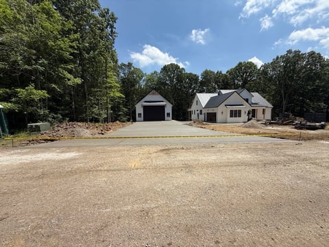 New construction home with attached garage and gravel driveway, surrounded by trees under clear blue sky