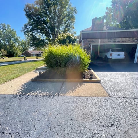 Large ornamental grass planter in driveway with garage, trees, and house visible in background on sunny day